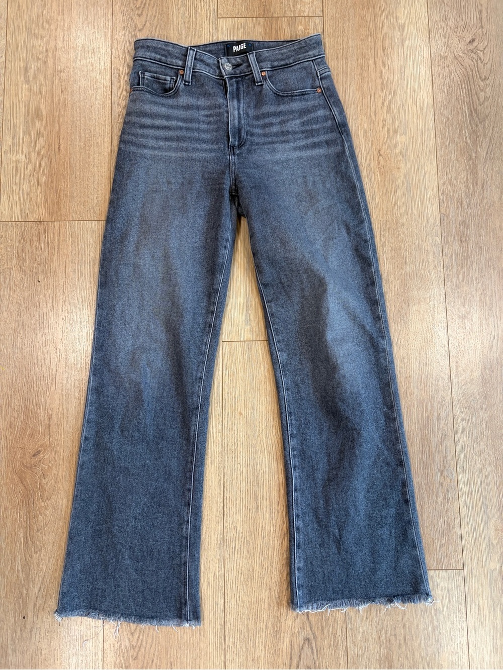 PAIGE Leenah Ankle High Rise Wide Leg Jeans Gray Raw Hem Size 26